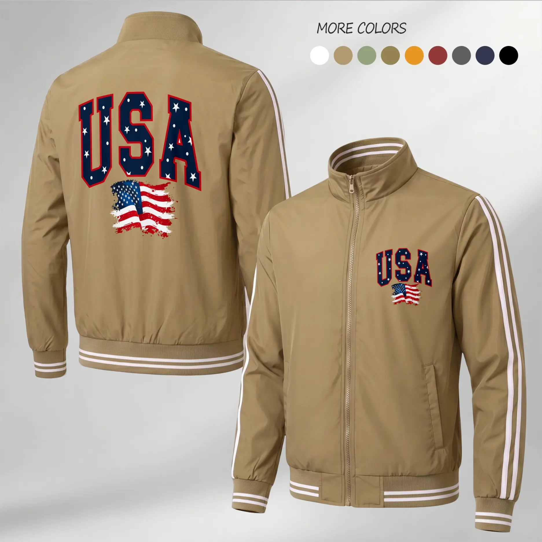 Men’s Thin Breathable Fabric American Flag Print Flight Bomber Jacket - USA Chest Logo, Back Flag Graphic, Ribbed Trim, Stripe Details, Zipper, Sneakers-Matching Design, Comfortable Sleeves, Streetwear Tops, Flight Jacket, Lightweight, Flying Jacket