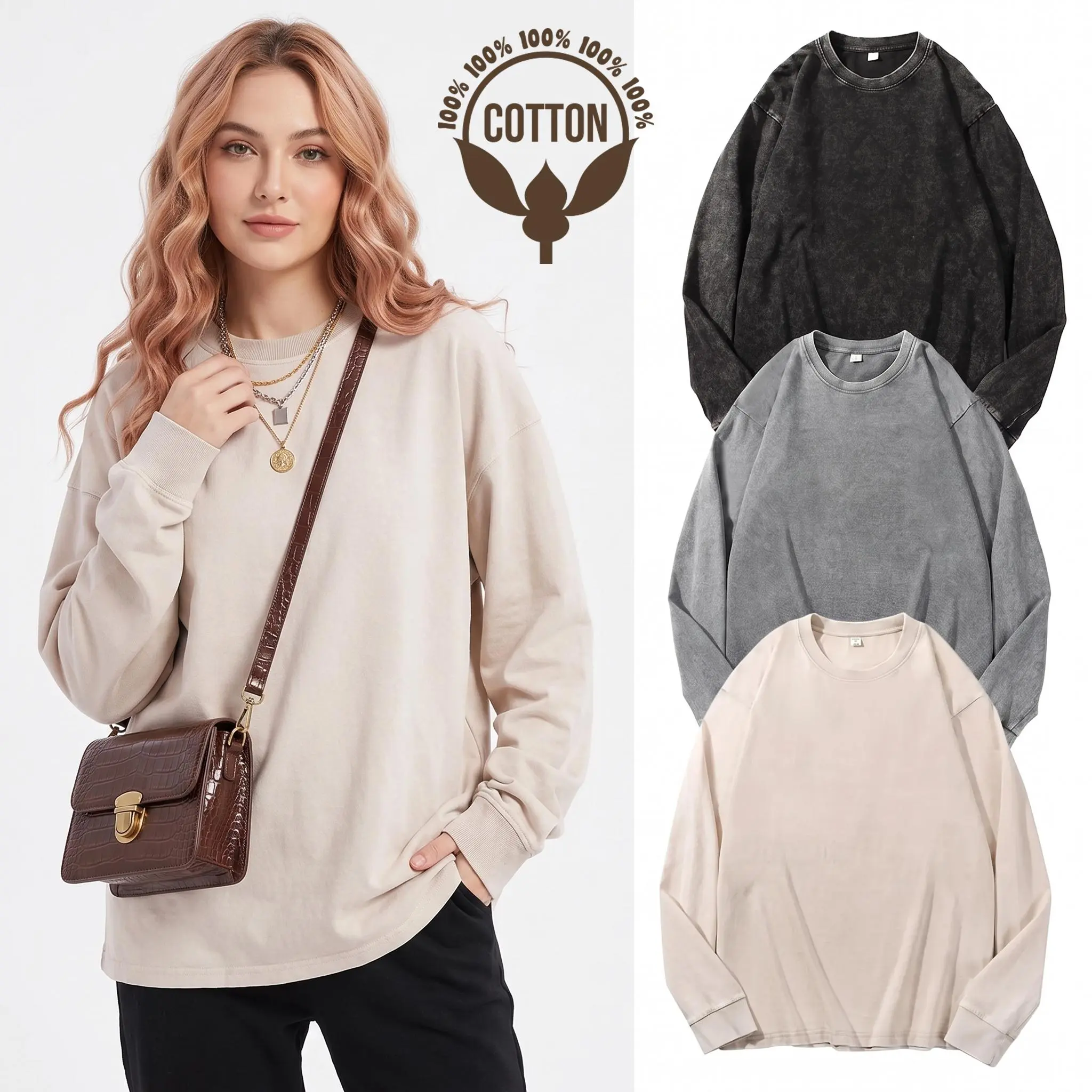 1/3 Pack 100% Cotton Oversized Long Sleeve T-Shirts Women Men Vintage Acid Wash Baggy Tees Unisex Casual Comfy Pullover Y2K Streetwear Fall Winter Loungewear Basic Essential Everyday Relaxed Fit Tops