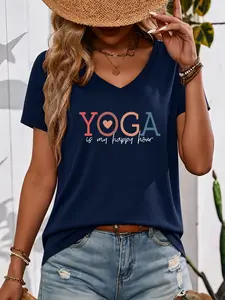 Women's V Neck Short Sleeve T-Shirt, Yoga Happy Times Print, Fitted Casual Top, Summer Wear, Daily & Sport