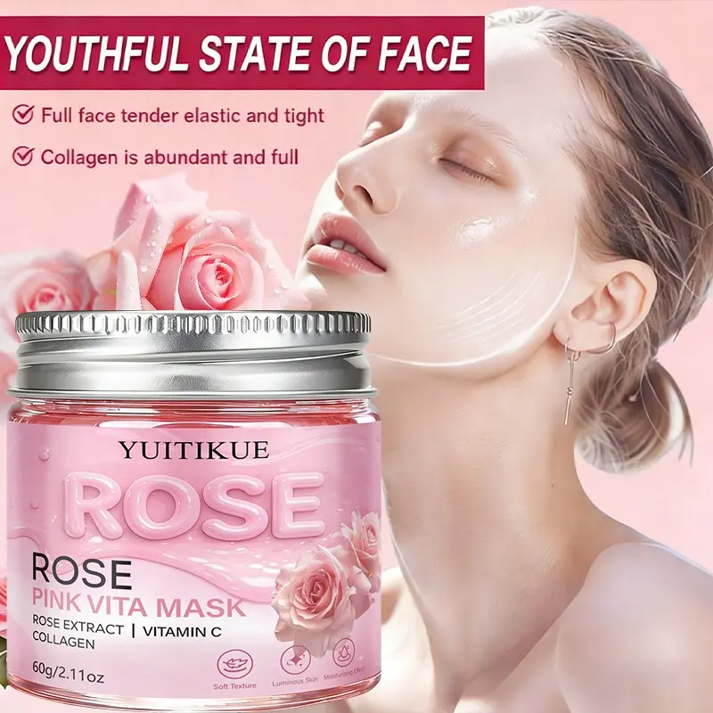 Yuitikue Rose Powder Vitamin Peel-Off Mask, Rose Extract + Vitamin C + Collagen, Nighttime Moisturizing Mask, Night Repair, Hydrating, Brightening, Firming, 60g