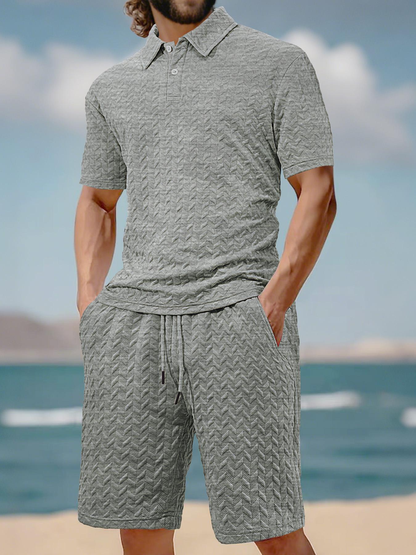 Men's Solid Polo Shirt & Drawstring Waist Shorts Set, Cozy Breathable Two-piece Outfits for Daily Outdoor Wear, Men Clothes for Summer