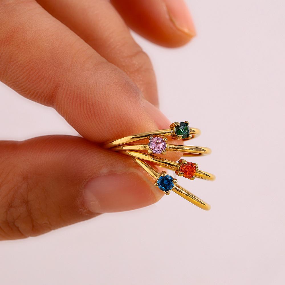 Birthstone Rings for Women Non Tarnish Golden Stackable Rings Dainty Round CZ Pinky Plain Band Ring Personalized Jewelry Gift for Birthday Size 6-9