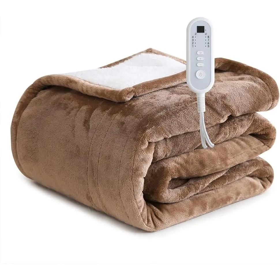 Heated Blanket Electric Brown Throw - 50"x60" Heating Blanket Throw 1/2/4/6/8 Hours Auto-Off 8 Heat Level Over-Heat Protection Flannel Sherpa Electric ETL Certification