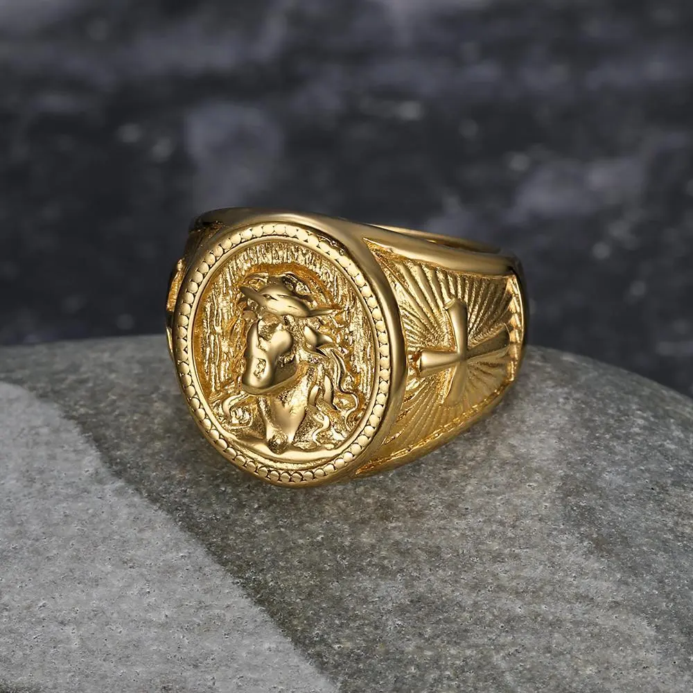 18K Gold-Plated Stainless Steel Men's Ring, Simple Fashionable Jesus Portrait Pattern, Ideal for 2-3 Occasions (Anniversary, Christmas) as Gift Accessory, Christmas Gifts