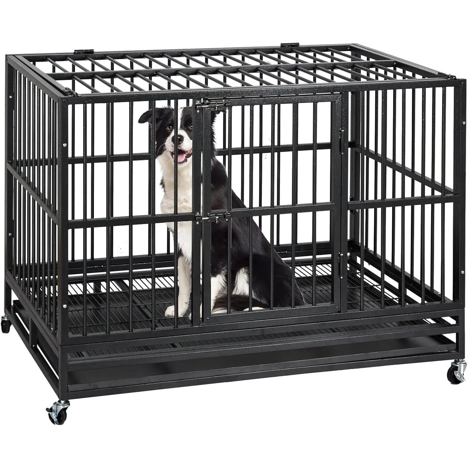 Indestructible Heavy Duty Steel Dog Crate - Double Door, 360° Ventilation, Chew-Proof Security, Locking Casters Mobility, Removable Tray, Escape-Proof Indoor Kennel for Large Pets (47.2x29.1x32.7in) Easy Maintenance