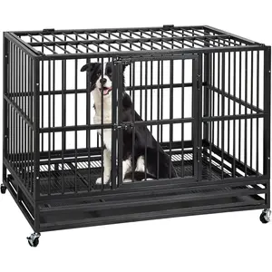 Indestructible Heavy Duty Steel Dog Crate - Double Door, 360° Ventilation, Chew-Proof Security, Locking Casters Mobility, Removable Tray, Escape-Proof Indoor Kennel for Large Pets (47.2x29.1x32.7in) Easy Maintenance