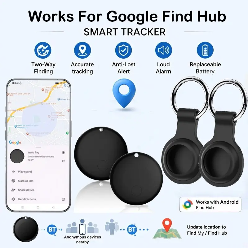 2-piece For Android AirTag, GPS tracker for vehicles, car, Smart tracking, Anti loss trackers for items such as keys, pet cats, dogs, wallets, backpacks, suitcases, suitable for Google Find Hub application