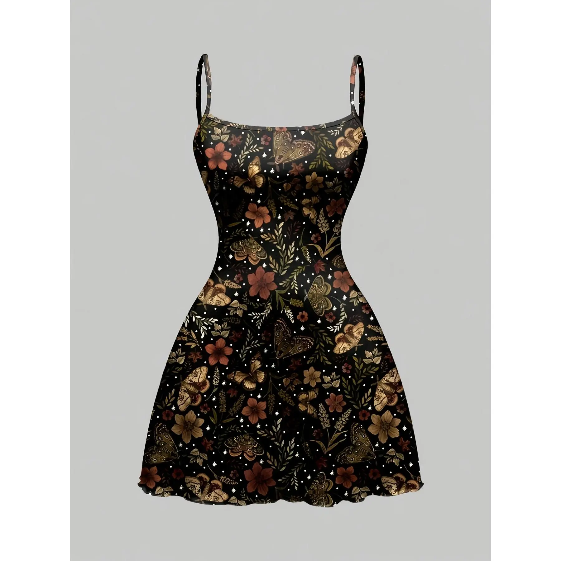 Women'S Playful Elegant Cute Butterfly Moth Floral Plant Print, Stretch Fabric, Thin Strap Mini Cami Dress, Romantic Gothic