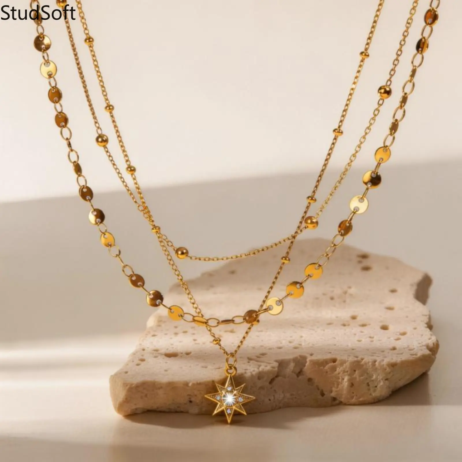 Minimalist 18K Gold Plated Starburst Necklace for Women Layered Disc Coin Beaded Chains Waterproof Stainless Steel Choker Kit Daily Jewelry