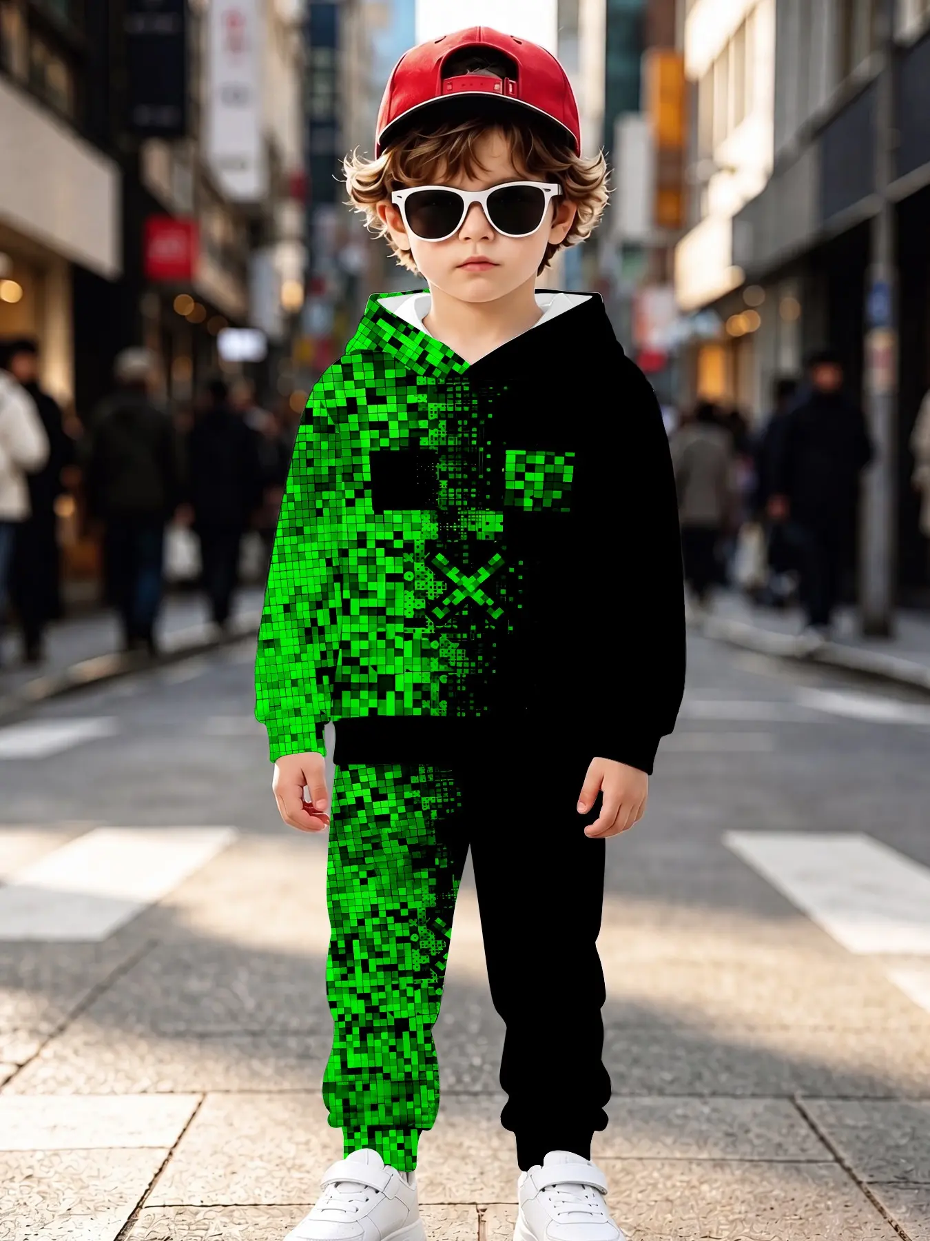 Boys' Square Print Hoodie and Pants Set, Casual Long Sleeve Sweatpants, Fall & Winter, Natural Waist, H-Type Silhouette