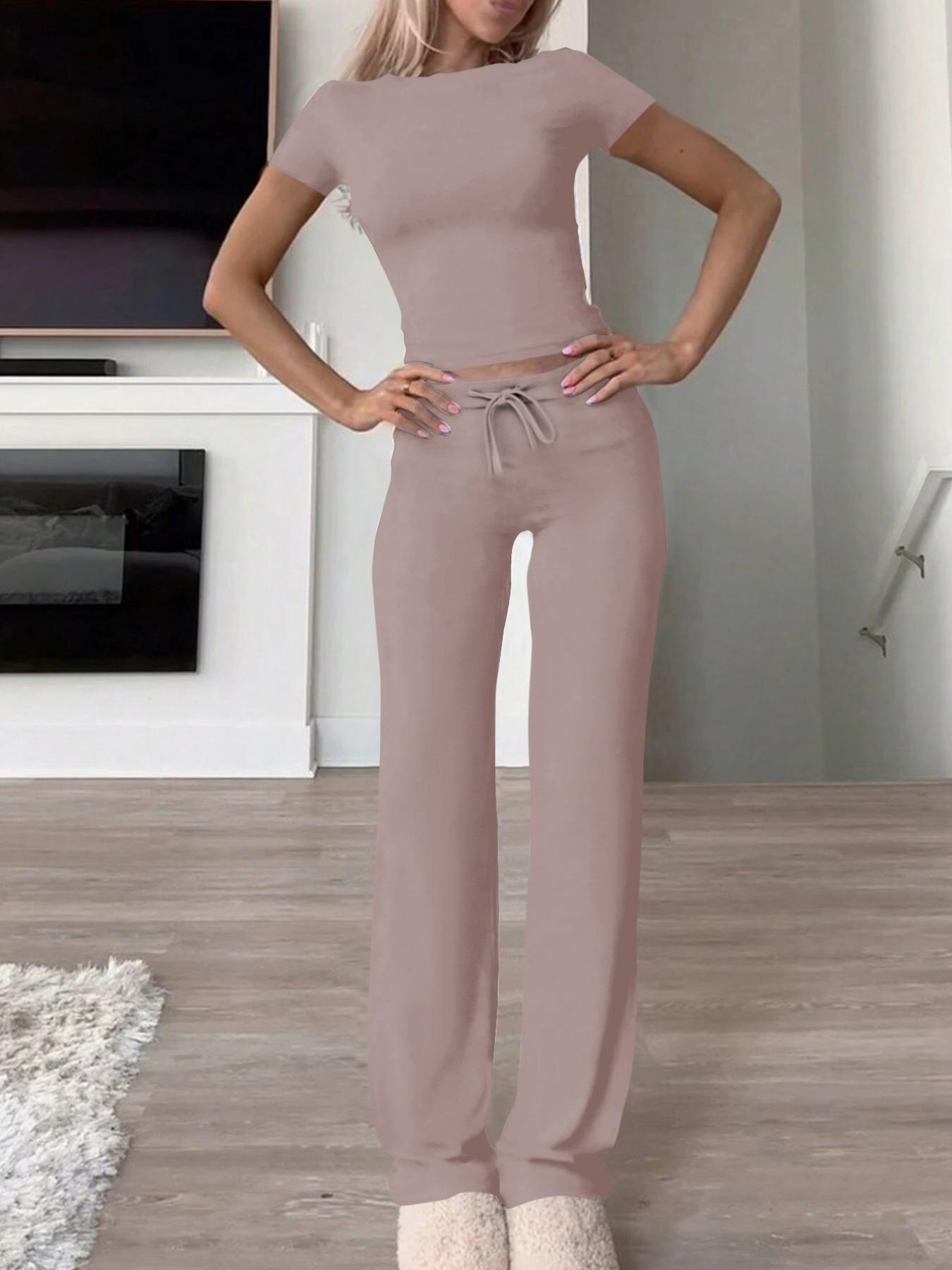 Women's Solid Modal Loungewear Two-Piece Pajama Set, Casual Comfy Soft Round Neck Short Sleeve Tee & Drawstring Pants Set, Ladies Sleepwear for Spring & Fall Women's Solid Modal Loungewear Two-Piece Pajama Set, Casual Comfy Soft Round Neck Short Sleeve Tee & Drawstring Pants Set, Ladies Sleepwear for Spring & Fall