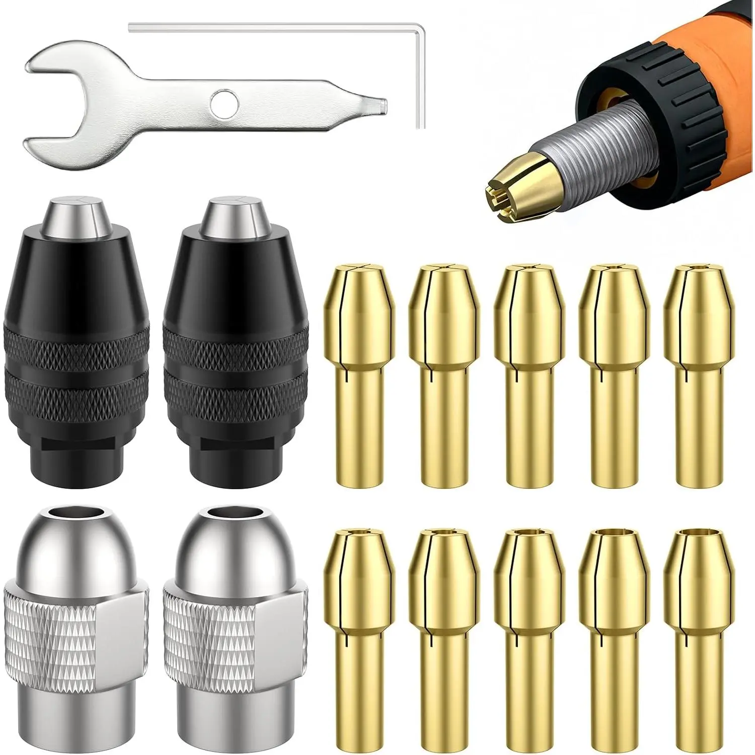 16 Pcs Replacement Kit with  Chuck and Metal Nut for 1/32" (0.8mm) to 1/8" (3.2mm) Shank Rotary Tool Accessories