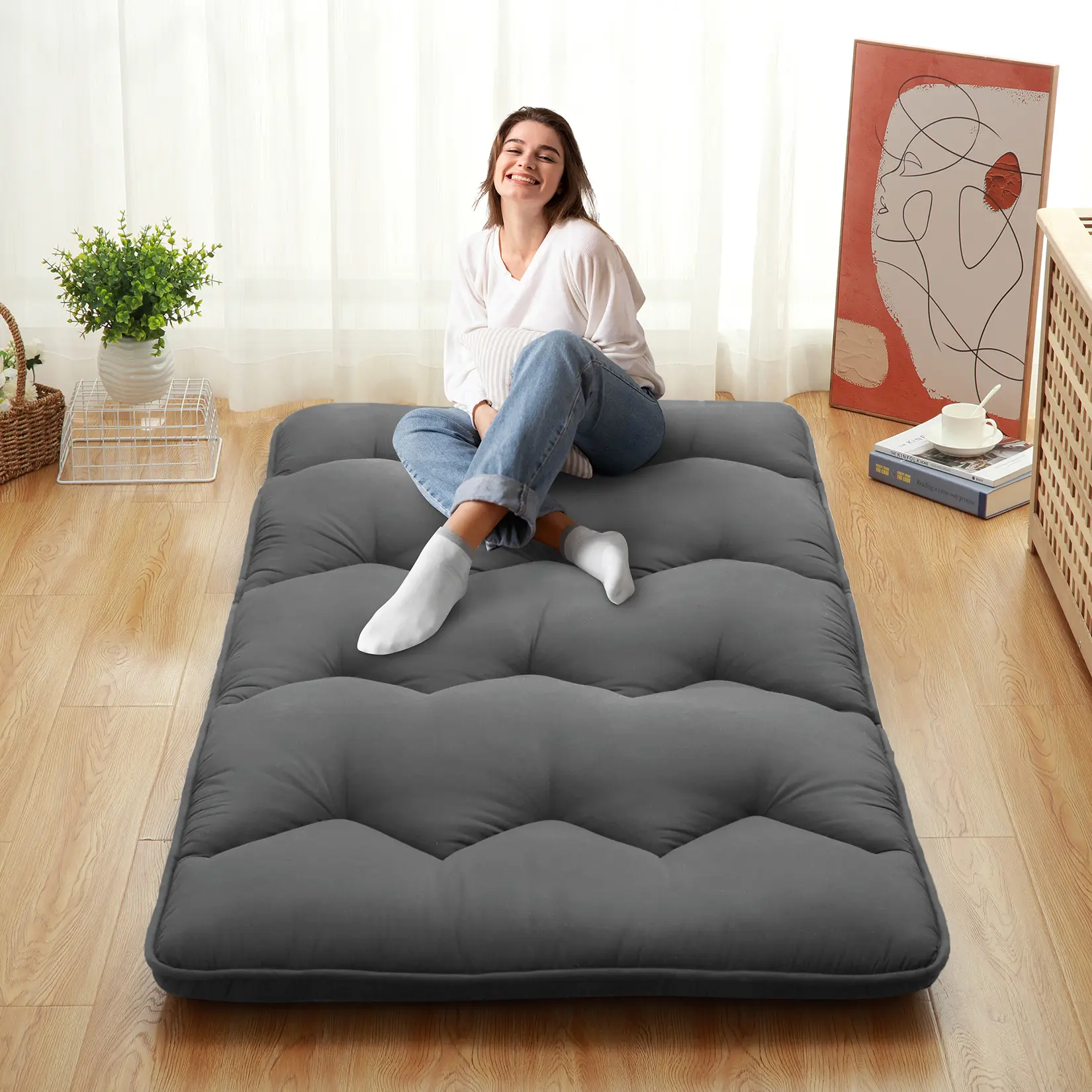 3 Inch Thick Japanese Floor Futon Mattress Only, Collapsible Tatami Mat for Bedroom, Sofa, Dorm, Camping, Yoga and Meditation, Comfortable Portable Daybed for Relaxation and Sleep, Twin, Full Sizes, Grey or Black Foldable Tatami Mattress Folding Compressi