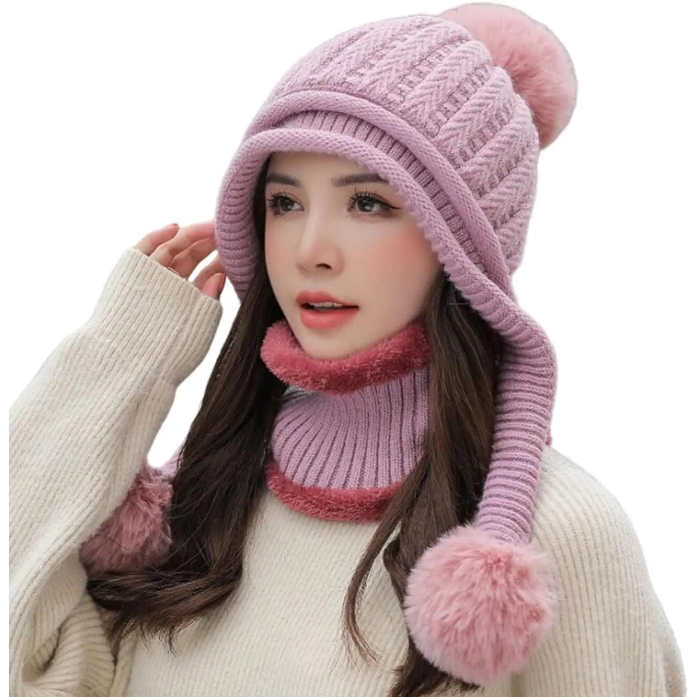 Women Winter Beanie Hat Circle Scarf Set Pompoms Peruvian Ski Snow Ear Flaps Cold Weather Warm Sherpa Knit Hats Fleece Lined