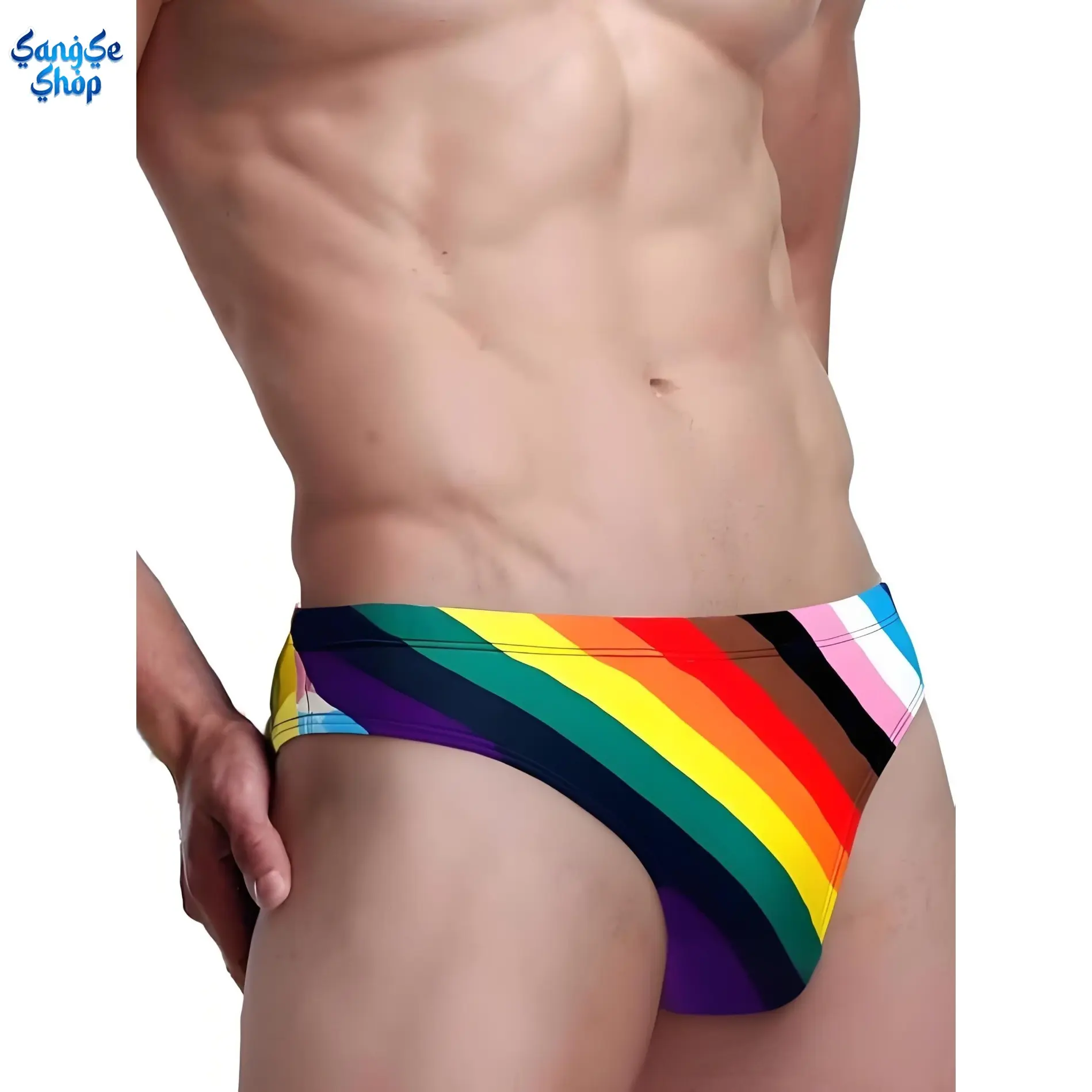 Men's Sexy Rainbow Stripe Swim Briefs - Tight-Fit, Quick-Dry Polyester Blend with Elastic Stretch & Drawstring for Beach, Pool