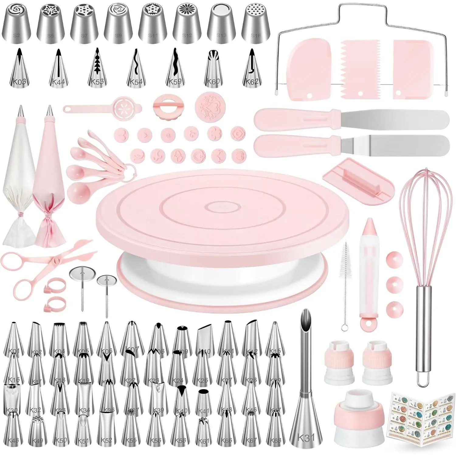 158PCs Cake Decorating Kit, Baking Supplies Tools - Includes Cake Stand Turntable, 64 Icing Piping Tips Set, 2 Frosting Spatulas, 3 Scrapers, 50+2 Pastry Bags, Coupler, Video Tutorial, Booklet