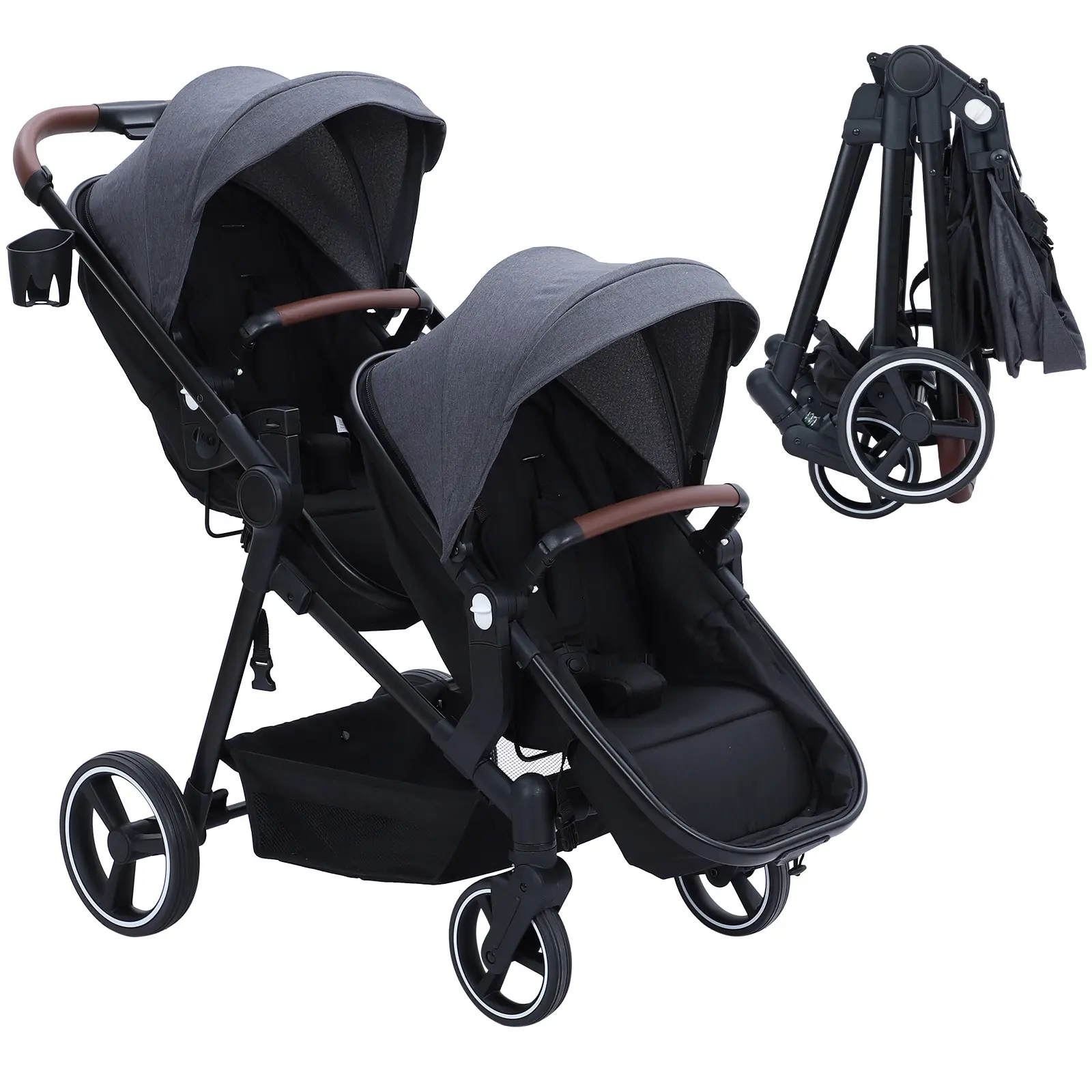 Collapsible Tandem Double Stroller for Newborns & Toddlers - Reversible Seat - Adjustable Backrest & Canopy - 5-Point Safety Harness - Large Storage Basket - Lightweight Pram
