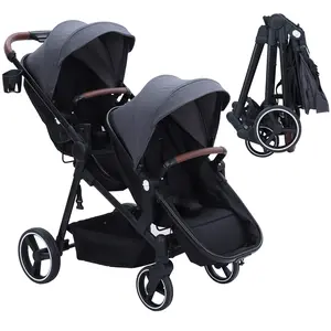 Collapsible Tandem Double Stroller for Newborns & Toddlers - Reversible Seat - Adjustable Backrest & Canopy - 5-Point Safety Harness - Large Storage Basket - Lightweight Pram