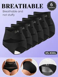 6-Pack Mei Yating High-Waist Mesh Underwear, Breathable Panties, Lucky Letter Print, Soft Breathable Fabric, Stretchy Comfort, Sizes XS-Xxxl, All Seasons
