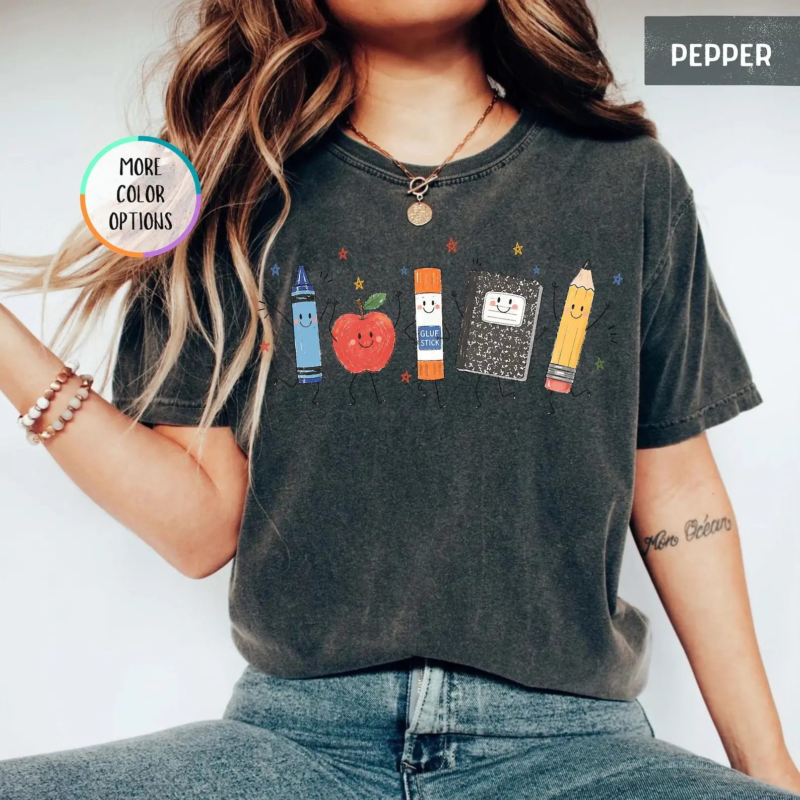 100%Cotton Unisex Round Neck Tee, Cute Cartoon School Supply Apple Crayon Pencil Graphic Loose Top, Back To School Teacher Student Print, Ideal Classroom Daily Casual Wear, Great Holiday Birthday Gift For Teachers & Kids, Soft Breathable Non-Washed Fabrib