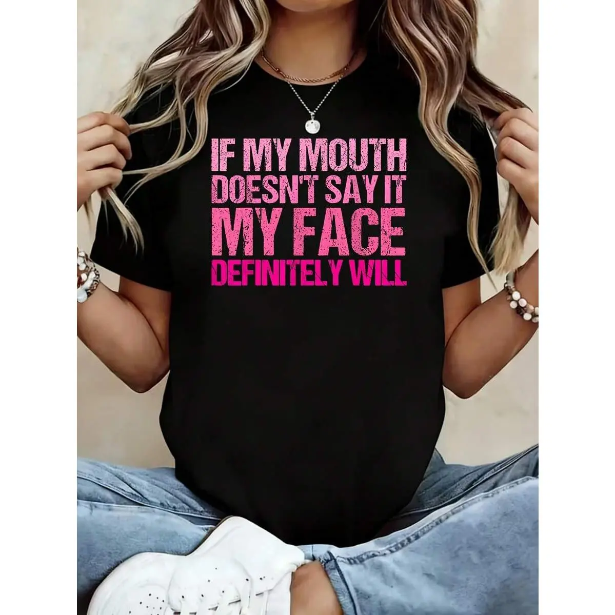 Funny If My Mouth Doesn't Say It My Face Definitely Will Women T Shirt Casual Graphic Short Sleeve 220g 100 Percent Cotton Oversized Tee Novelty Crew Neck Top