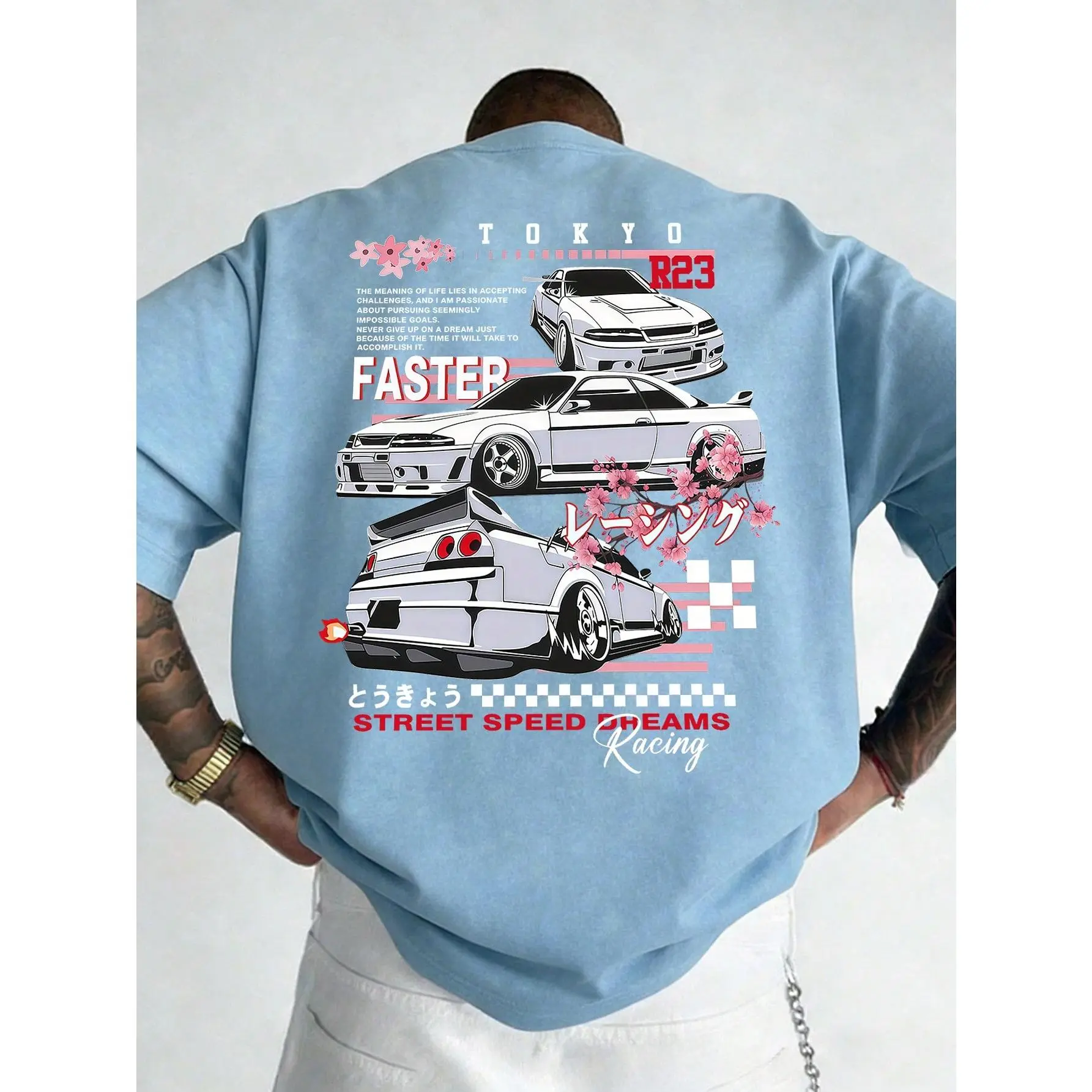 Women's Tokyo JDM Racing Graphic Garment - Retro Vintage/Acid Wash Heavyweight Premium Cotton Shortleeve Round Neck Tshirt, Front Small Logo Back Print, Japanese Car Drift Street Style, Loose Casual Oversized Top, Ideal Gift