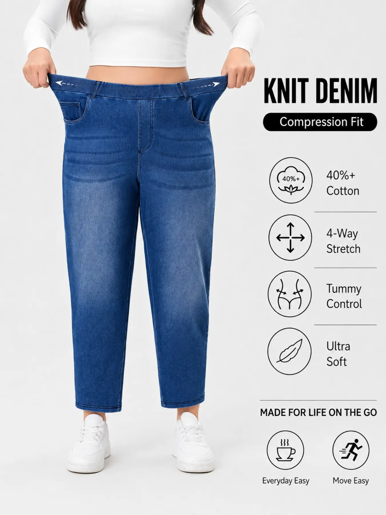 Plus Size Elastic High Waist Cropped Barrel Casual Jeans Pants, Bodycon Denim Pants, Tummy Control 4-Way Stretch Fit, Push Up Hip Lifting, Ankle Denim Jeans for Curvy Women