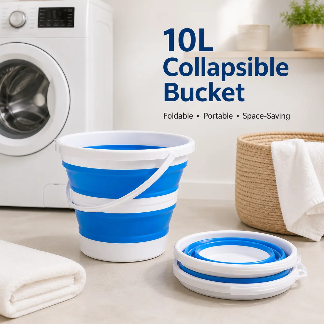 10L Collapsible Bucket with Handle, Foldable Space-Saving Wash Tub for Laundry, Cleaning, Camping and Home Use