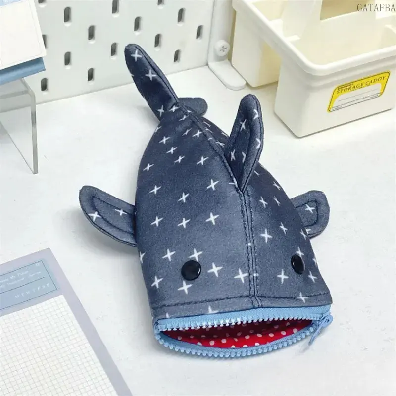 Cute 3D Shark Shaped Zipper Pencil Case, Star Print Soft Fabric Stationery Storage Pouch, Large Capacity Cartoon Animal Makeup Organizer Bag for School Office Daily Use