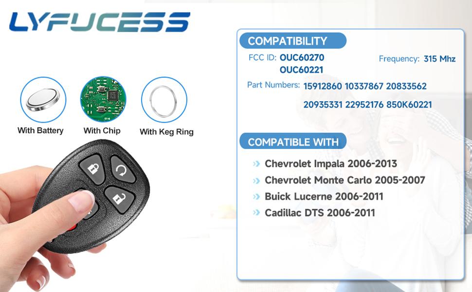 Key Fob Replacement Fits for Chevy Impala 2006 2007 2008 2009 2010 2011 2012 2013 Monte Carlo 2005-2007 Buick Lucerne 2006-2011 Cadillac DTS 2006-2011 Car Keyless Entry Remote OUC60270 OUC60221