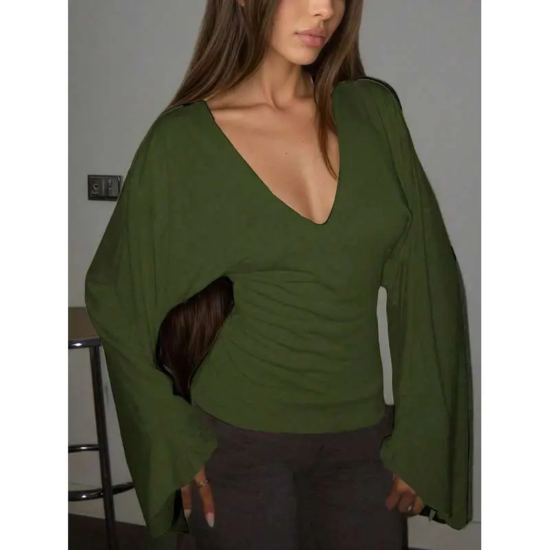 ASANDY Women's Trending Fashion Apparel Deep V-Neck Batwing Long Sleeve Ruched Waist Fitted Knit Pullover Blouse, Basic Tops for All Seasons Casual Athleisure Streetwear, Machine Washable Polyester Clothing Clothes Products, Chic Everyday Wear
