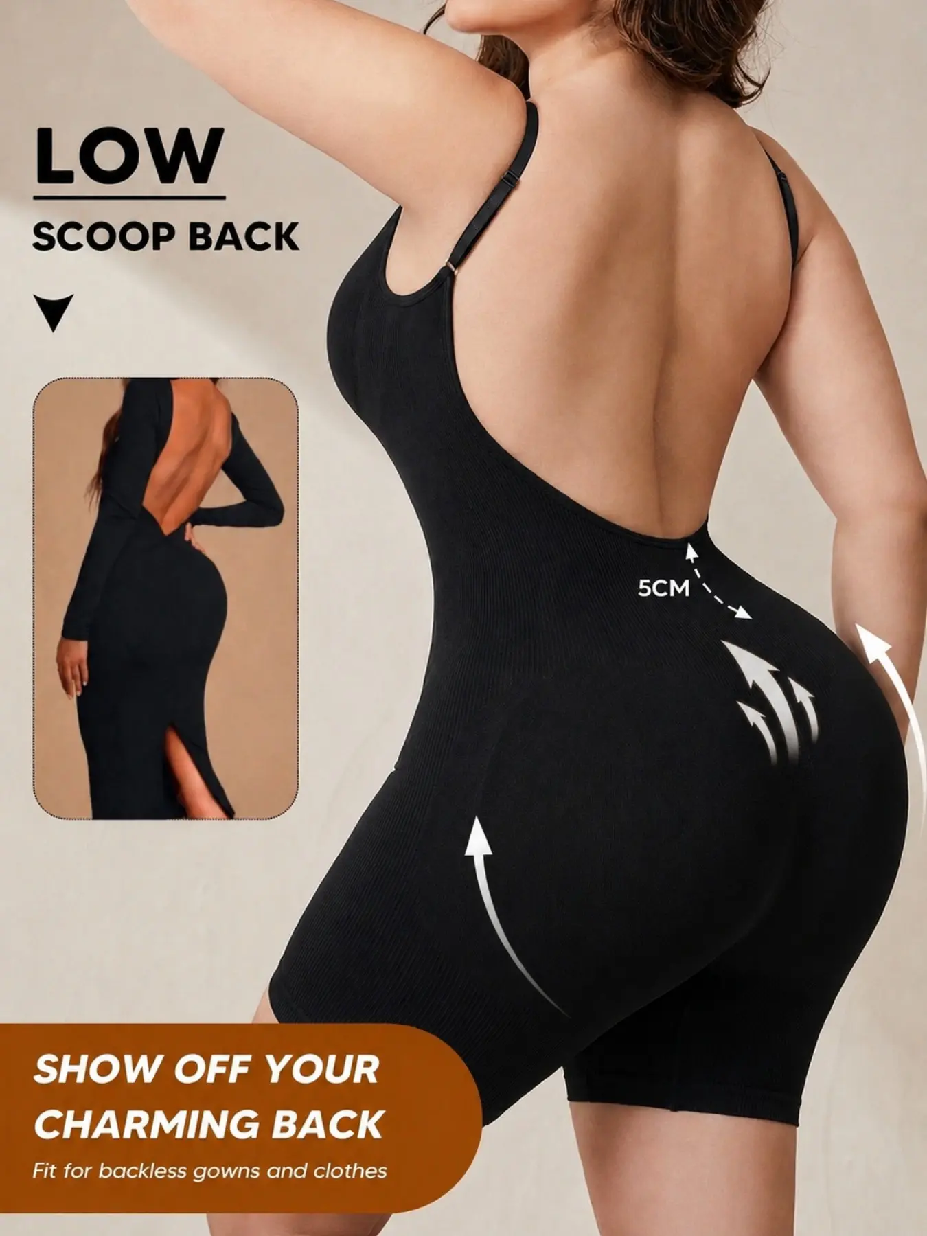 Women’s Athletic Shapewear Bodysuit, Fitted Shapewear Garment, Low Scoop Back Seamless Body Shaper Romper with Tummy Control and Hip Lift, Sleeveless Open Back Shorts Jumpsuit for Workout, Backless Dresses and Daily Wear