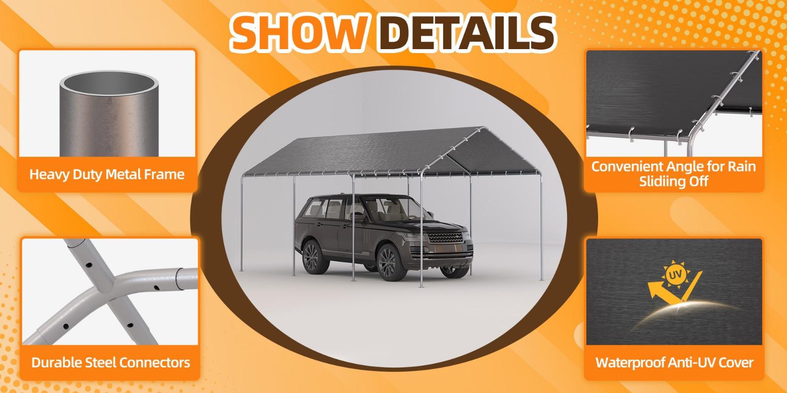 10x20 Portable Outdoor Garage (Grey/White) - Heavy Duty Carport with UV Protected Tarp Shelter Cover for Car & Boat