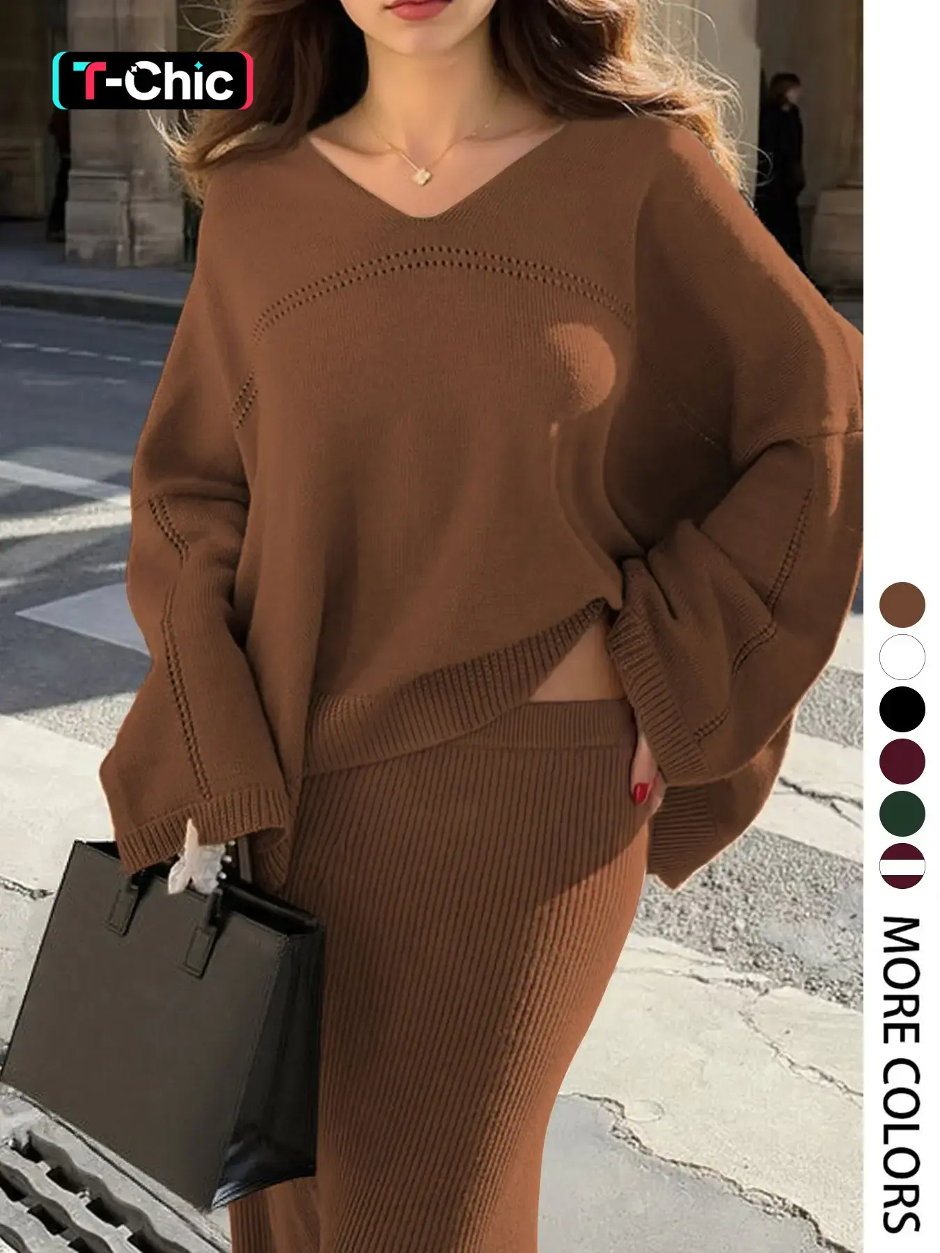 Elegant Women's Fall Winter Fashion Casual Home Wear, Loose Knit V Neck Long Sleeve Pullover and Ribbed Midi Skirt Set, Two-Piece