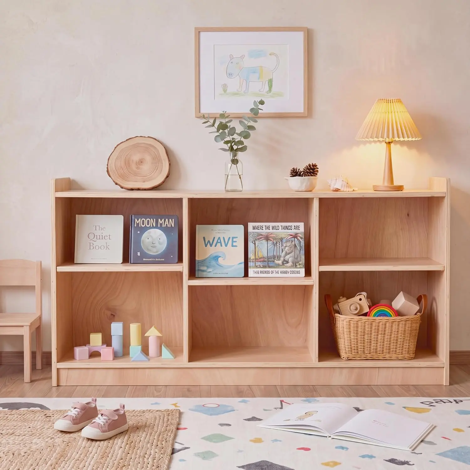Montessori Shelf 6-Section Wooden Storage Cabinet, 2-Shelf Toy Organizers and Storage, Natural Finish Kids' Bookcase for Kids Classroom Organizer, Playroom, Daycare and Preschool | High-Density Mahogany Plywood, Movable/Withdrawable Side Panels