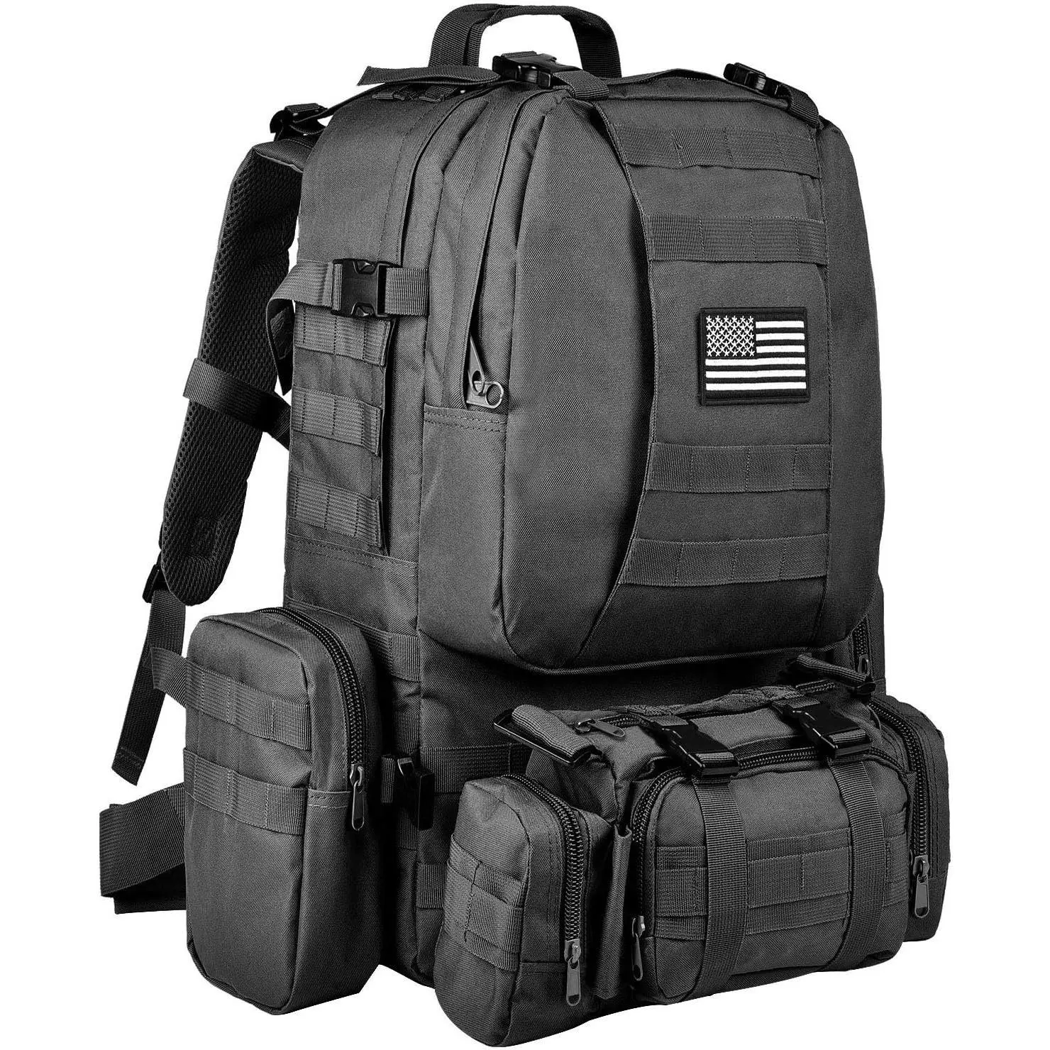 Baby & Maternity High-Capacity Multi-Function 60L Tactical Backpack, Military Assault Rucksack with Detachable Molle Bag, Detachable Shoulder Strap & Zip (01-Black with Patch, 02-Black, 06-Army Green with Patch)