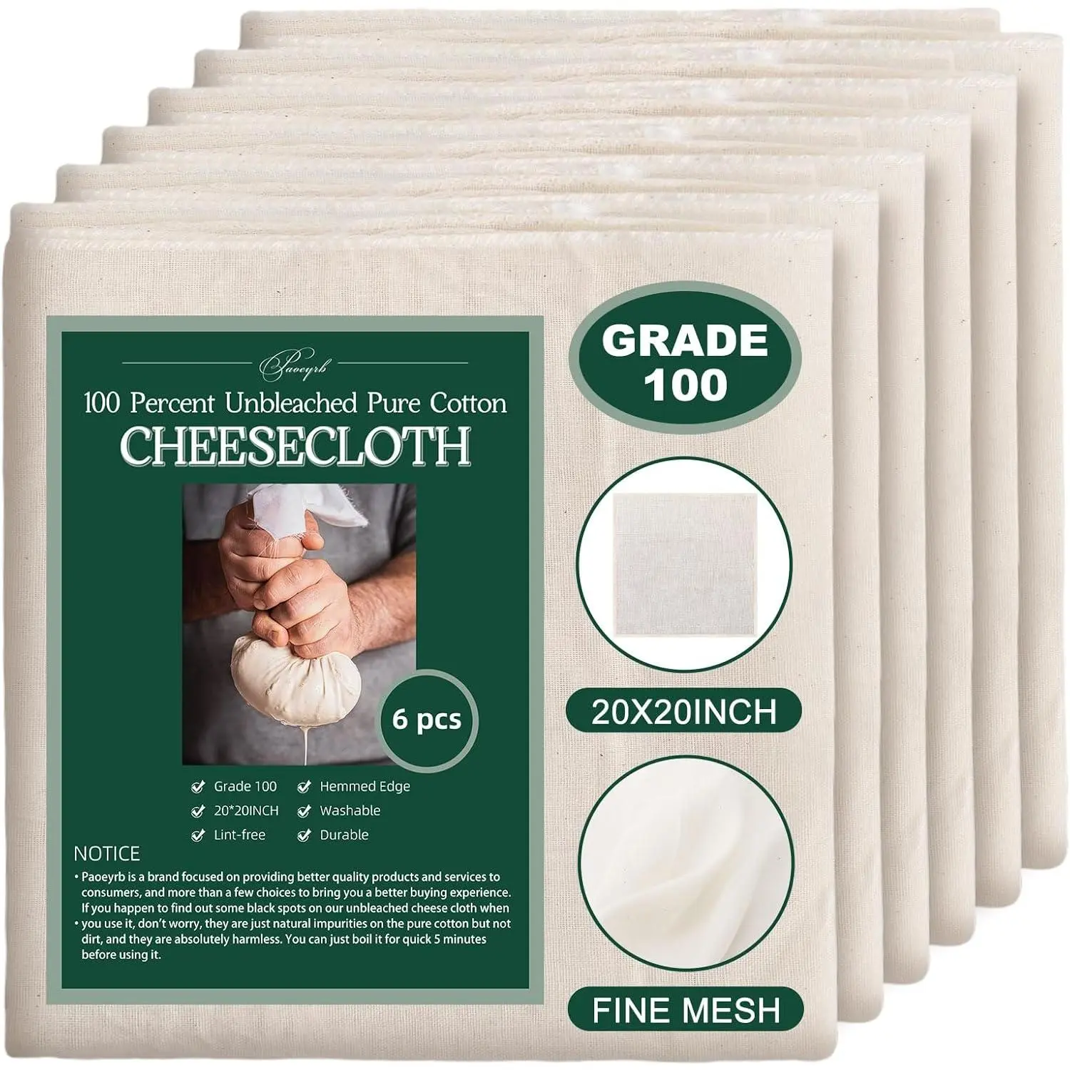 6 count 20x20Inch Cheese Cloth, 100Percent  Unbleached Pure  Muslin Cloth,  Cheesecloth,  Cheesecloth for Straining, Cooking, Bread, Butter