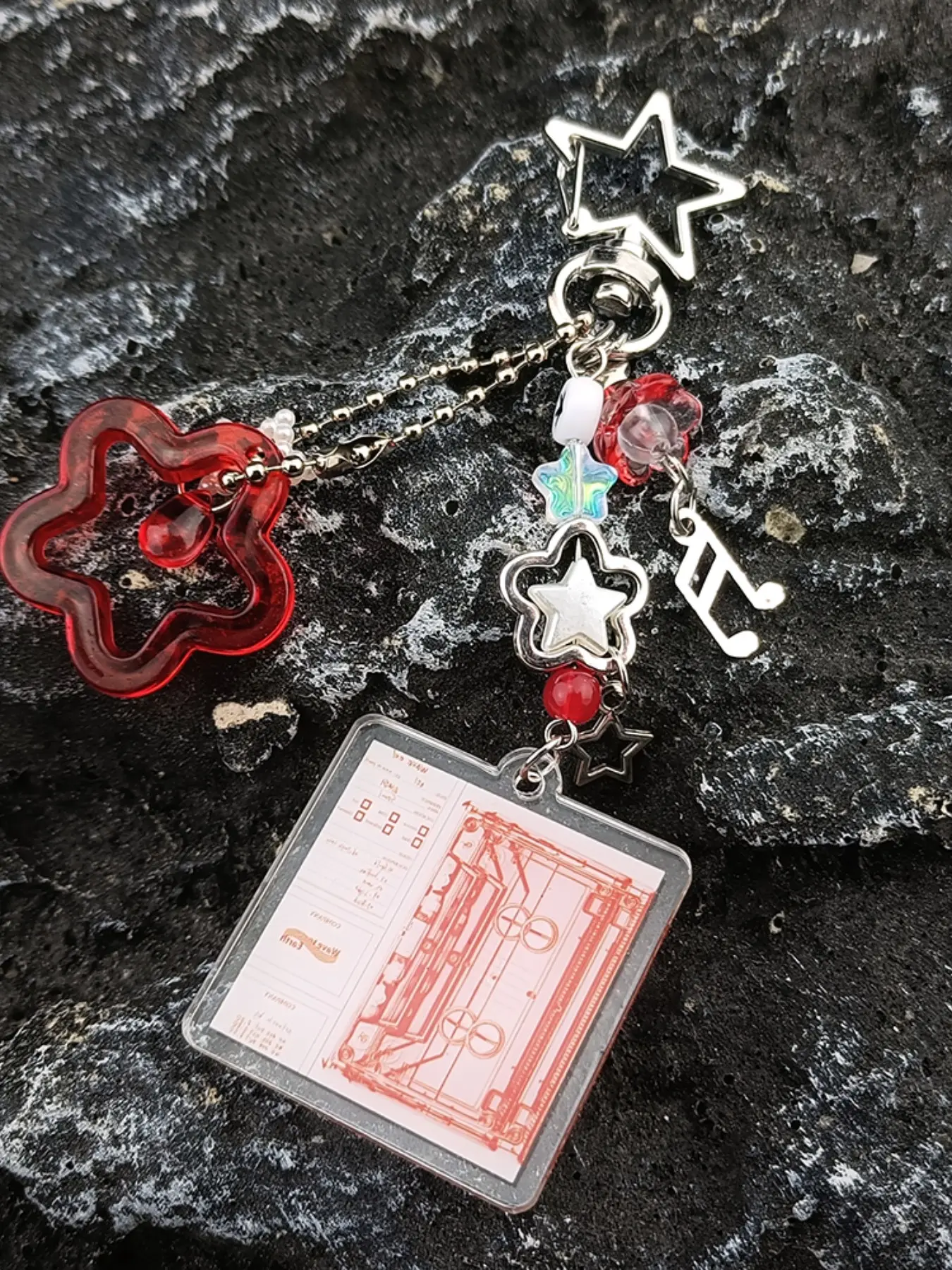 Multielement Star Keychain, Sweet Cool Y2K Style, Blue Dual Color Options, Transparent Star + Note Pendant + Album Card Holder, Unique Design