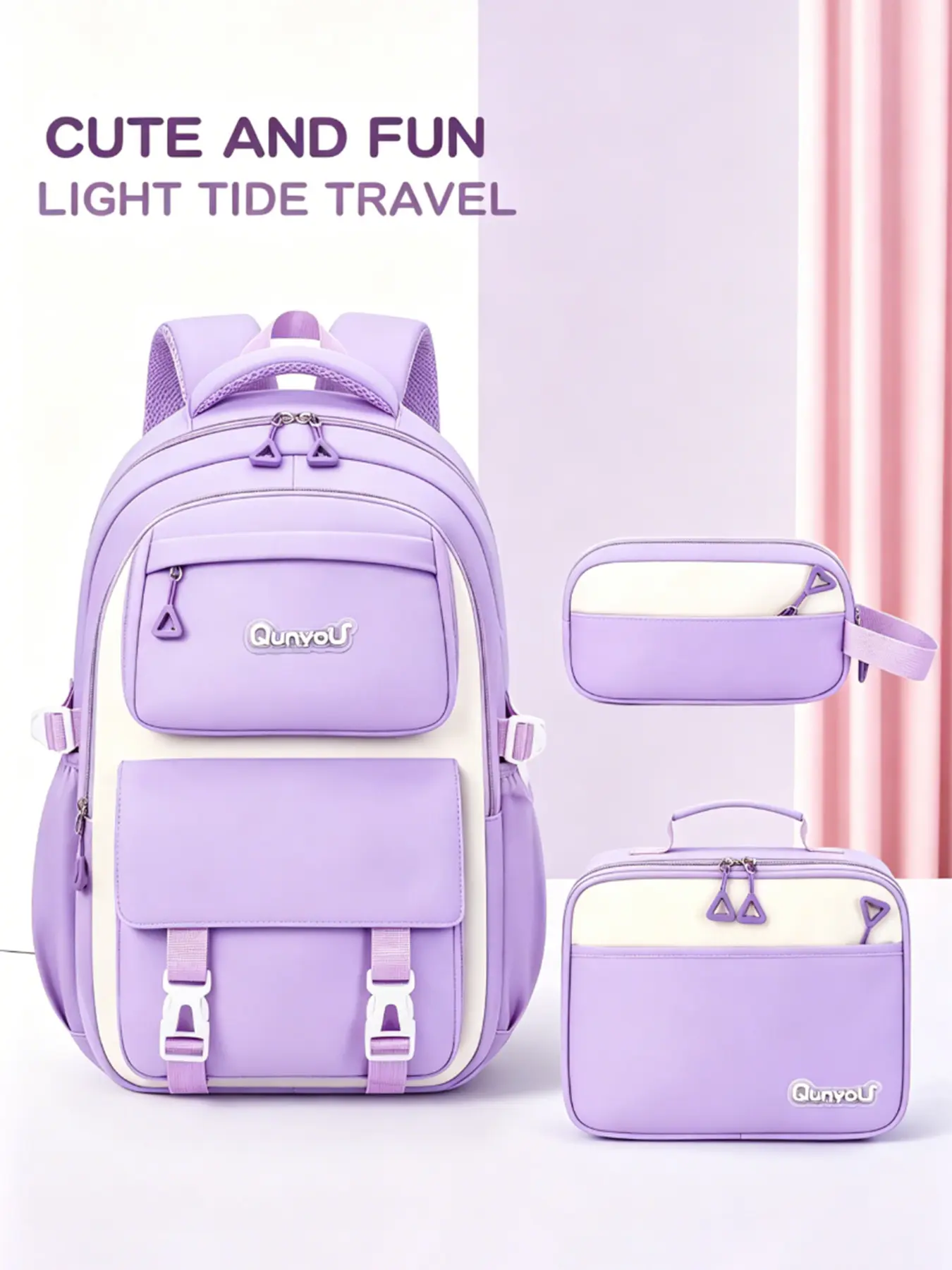3-Piece Backpack Set Cute Stylish Daypacks Lavender Purple Aesthetic Preppy Style, with Lunch Bag, Pencil Case, Smooth Zippers, Front Utility Buckle Pocket, Ergonomic Padded Straps, for Teens, Young Adults Daily Commuting, Travel & Leisure, Colorblock Bag