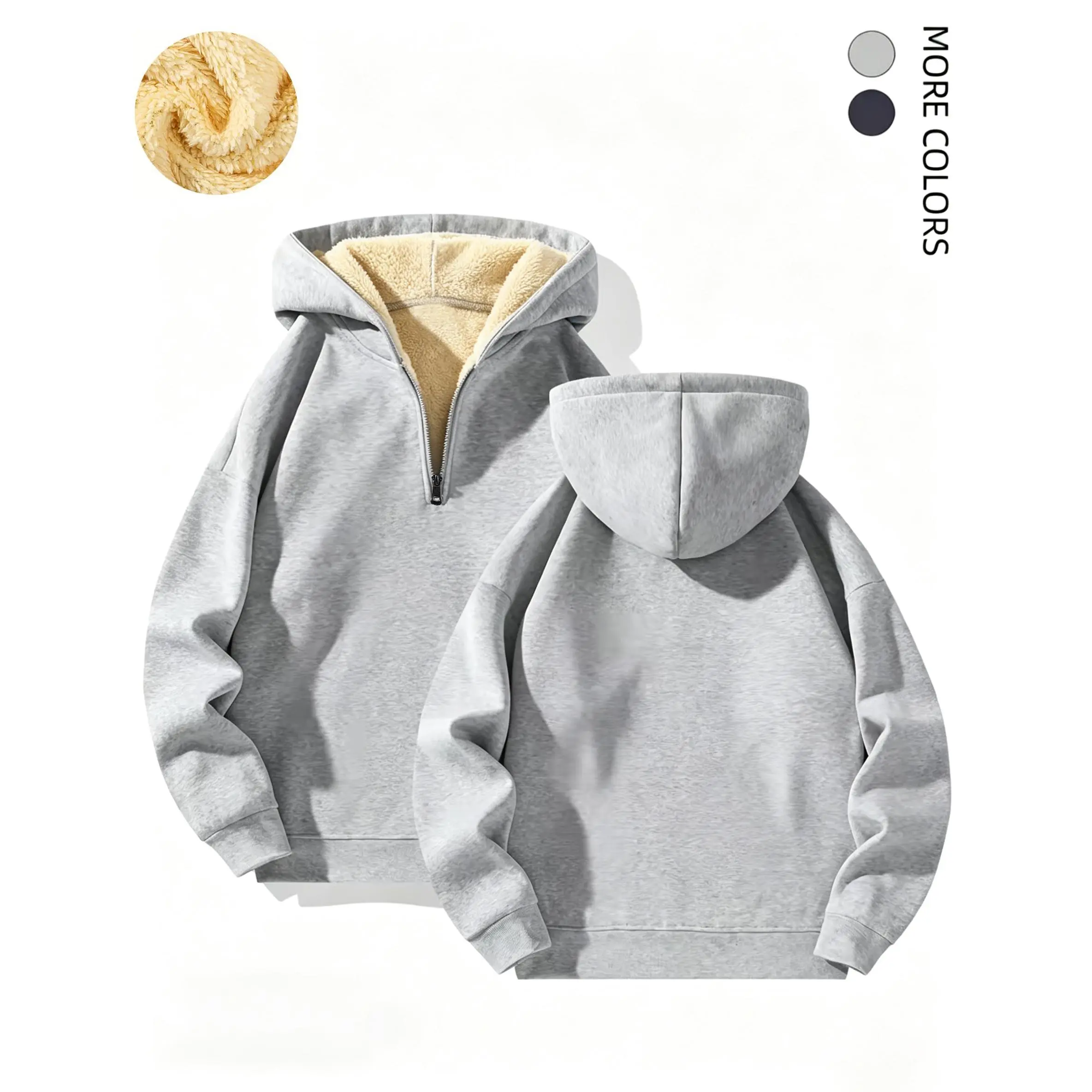 Warm sherpa-lined quarter zip hoodie featuring adjustable hood and smooth outer knit textile, roomy drop shoulder comfy loose fit windproof functional piece for daily cold weather urban mensfashion outfits