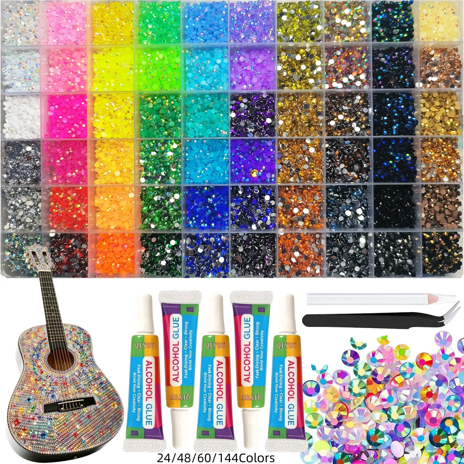 24/48/60/144-Color Resin Rhinestones, Elegant Bling Rhinestone, for Crafting with Tweezers, Assorted 3mm Non-Hotfix Flatback Gems, Glitter, Sparkling Crystals for Clothing, Tumblers, Mugs, Shoes, Fabric Decor, Art Creation Supplies.