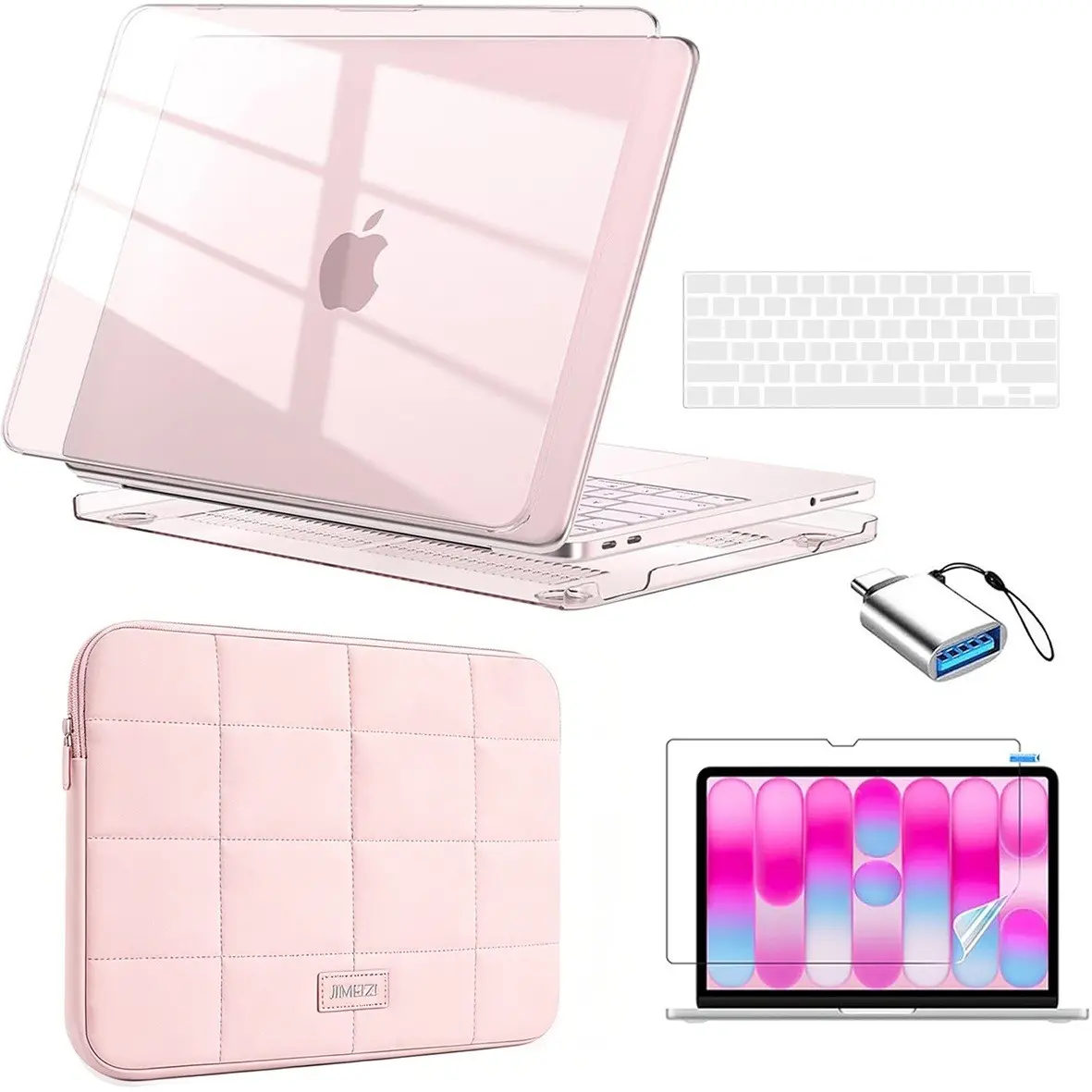 For MacBook Air 13 Inch Case 2018-2022 5 in 1, Pink Clear Hard Shell Laptop Cover + Quilted Puffer Laptop Sleeve + Keyboard Cover + HD Screen Protector + OTG Adapter Full Protection Accessories Kit