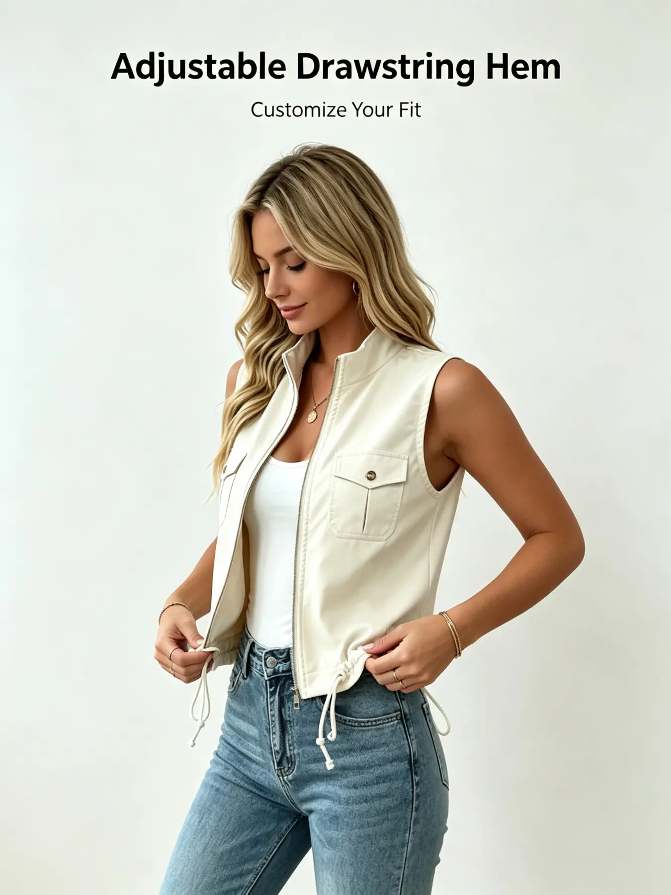 Women's Stand Collar Zipper Workwear Vest, Pocket Decorated Hem Drawstring Waist Sleeveless Tank Top, Casual Layering Short Jacket