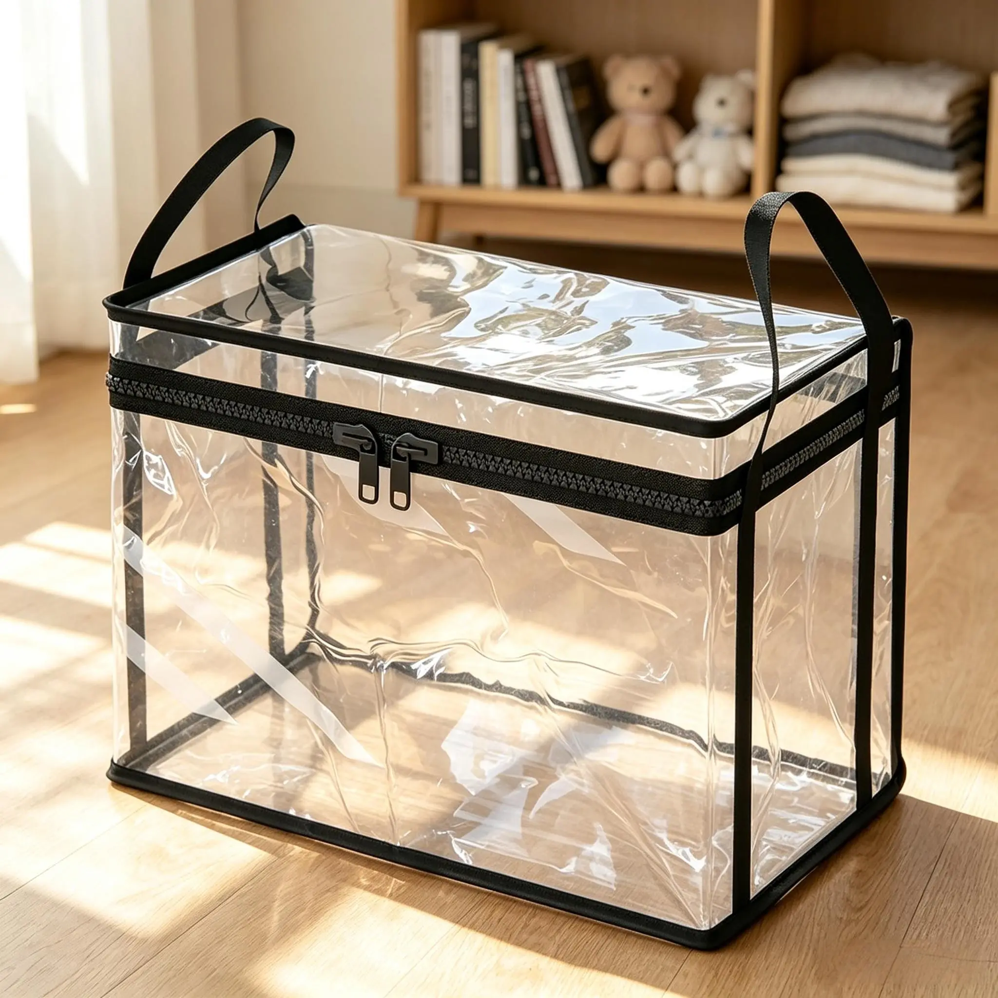 Large capacity, visible storage box, thickened Transparent PVC, waterproof and dustproof, with handle, a must-have for camping, travel, and moving; plush toy and book storage bag.