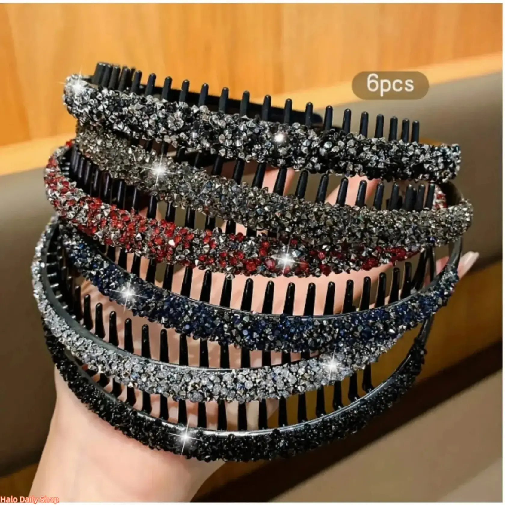6Pcs Rhinestone Teeth Headband Set for Women, Sparkly Crystal Non-Slip Comb Hair Hoops, Elegant Stretch Hair Accessories for Daily Makeup & Face Washing