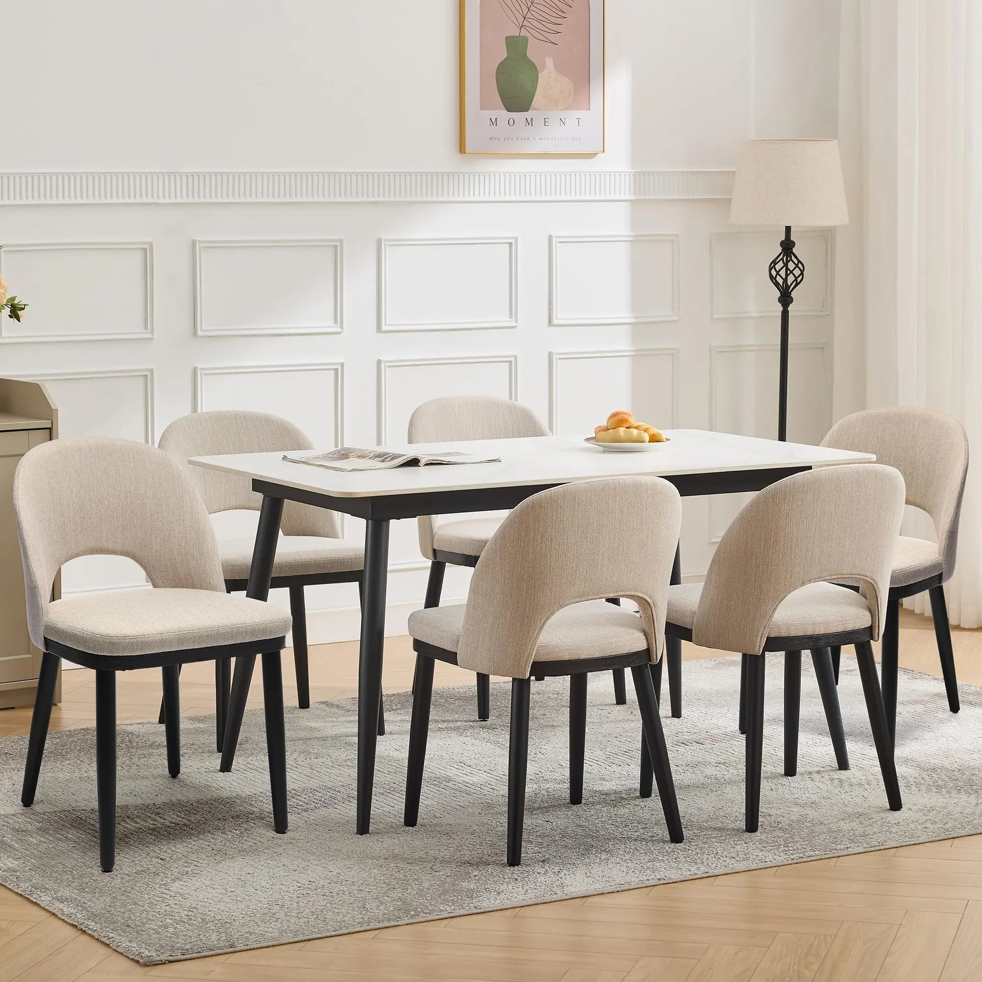 GARVEE Set of 2 Upholstered Dining Chairs with High Back and Deep Seat, Wooden Fabric Chairs for Kitchen, Dining Room, Restaurant, and Café, Beige Color
