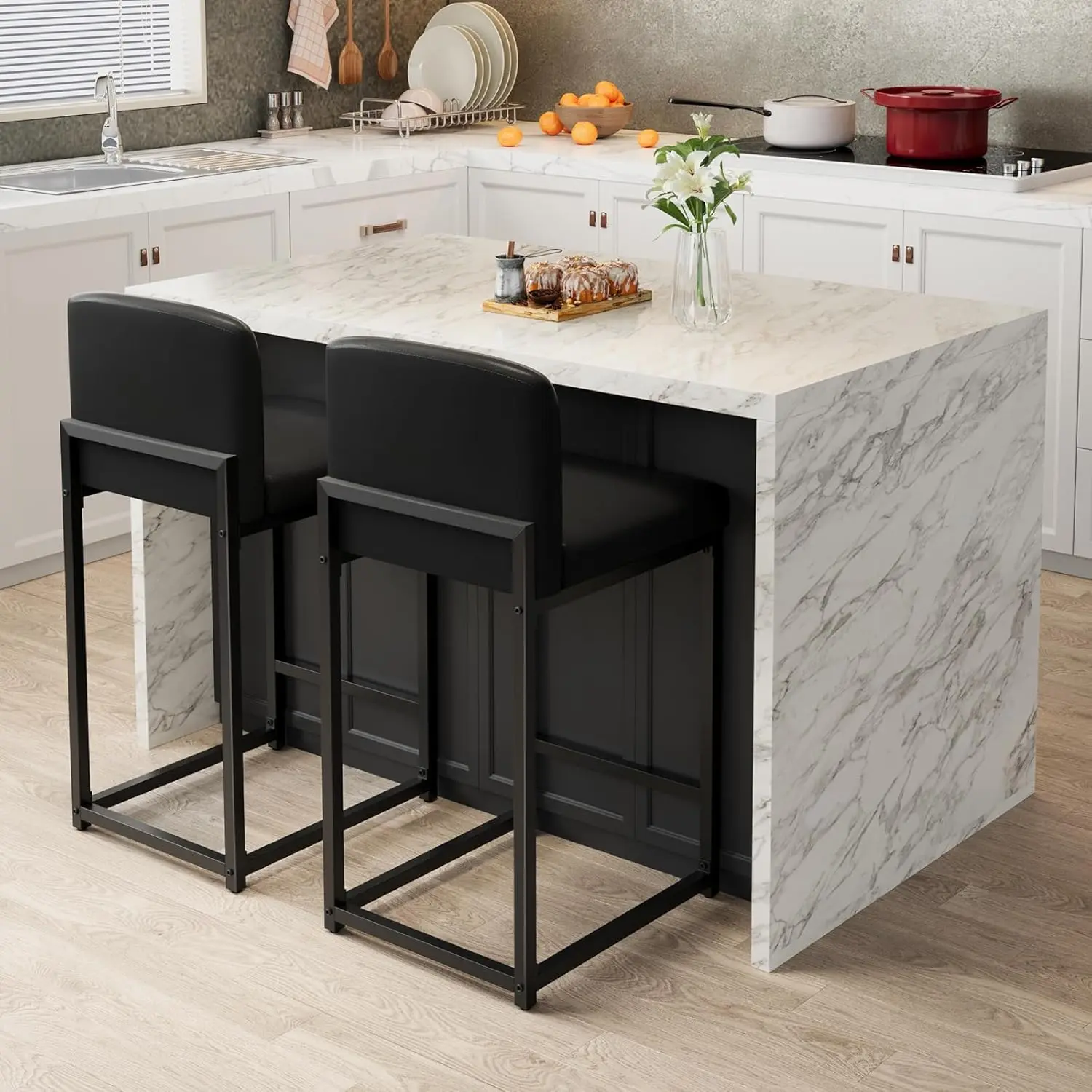 Modern Bar Stool, Comfortable Faux Leather Upholstered Counter Height Bar Chairs with Metal Legs, Comfy Kitchen Island Stool with Back for Dining Room Living Room Apartment