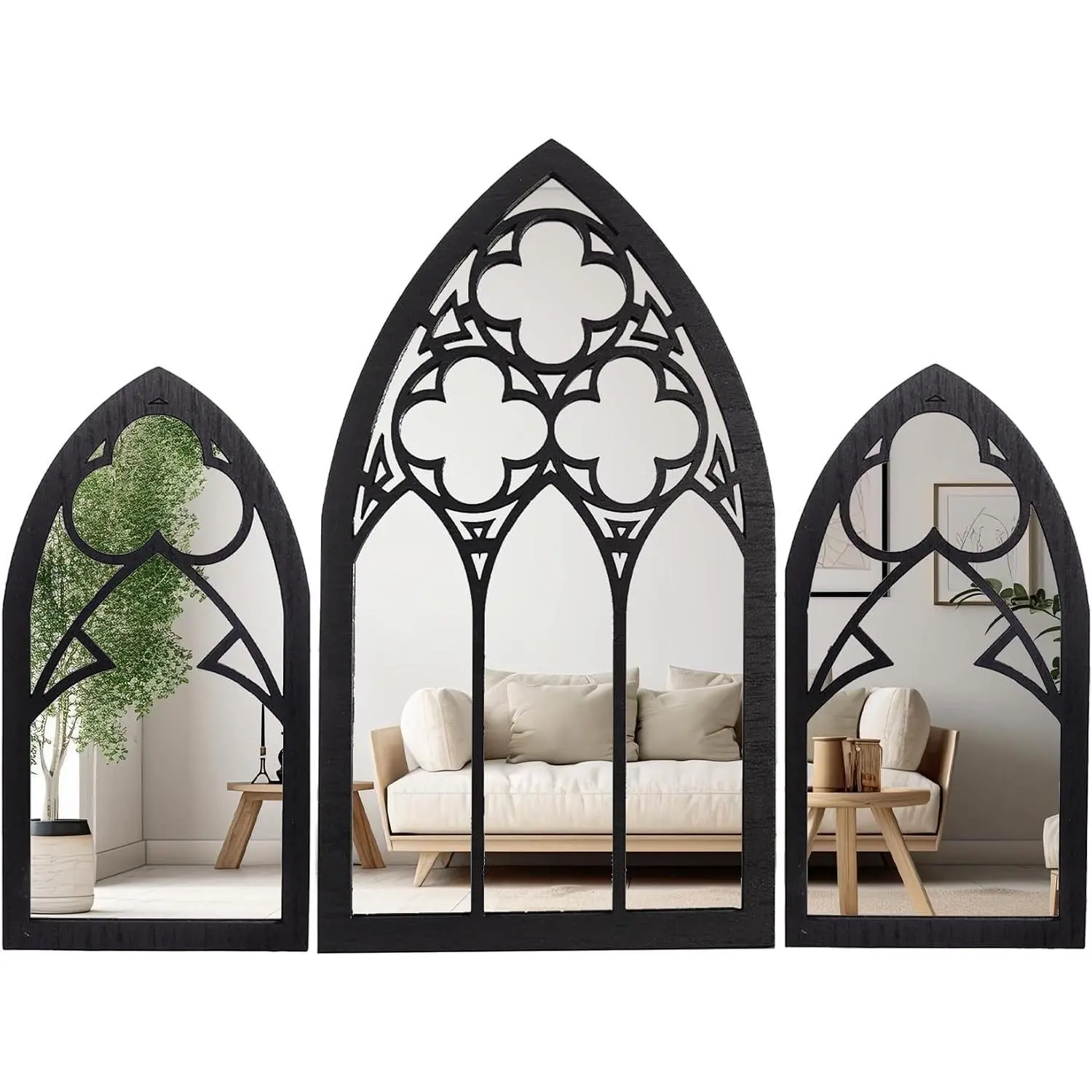 15.8 in Vintage Wood & Glass Gothic Cathedral Wall Mirrors 3-Piece Set - Elegant Goth Home Decor, Wedding Gift for Women - Bathroom & Kitchen Wall Accent, Decorative, Wall Decoration