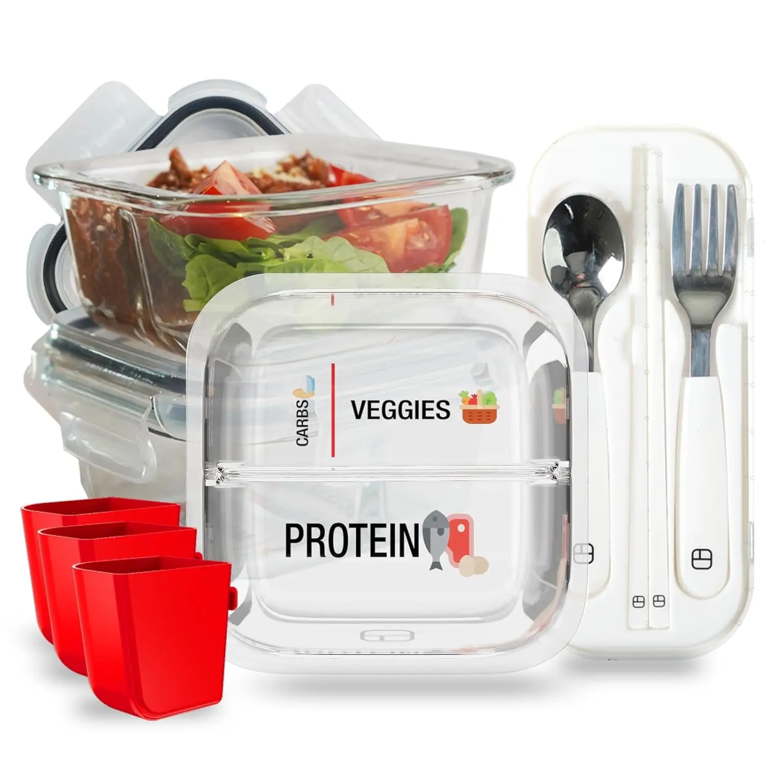 Portion Control Containers for Bariatric Meals – 8 oz Glass Meal Prep Containers with Two 4 oz Compartments and Lids (3 Pack), Reusable Bento Lunch Boxes