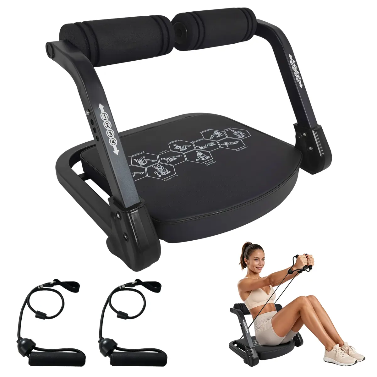 AobtkelAb Foldable Core Trainer Abdominal Machine, Steel Frame Home Gym Equipment with Resistance Bands, Multiple Resistance Levels for Core Workout & Full Body Workout, Black, Unisex